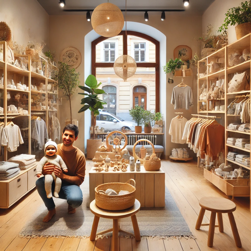 DALLE 2024-12-02 15.33.52 - A cozy and inviting scene showcasing a boutique baby shop in Vienna, with shelves filled with eco-friendly baby clothes, wooden toys, and organic baby