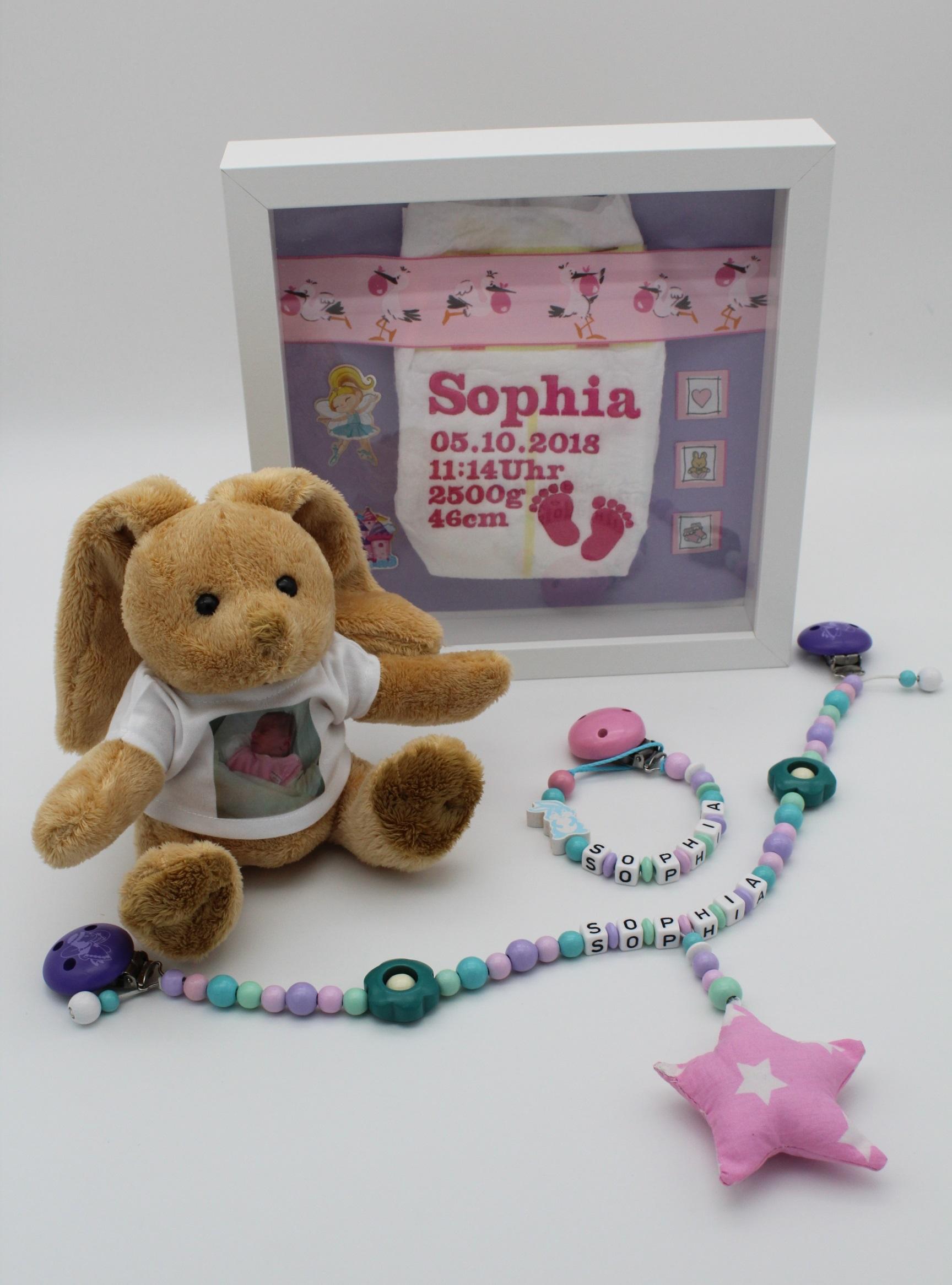 IMG_2969HLZ5aGlUAPPqG Geschenkset XL: Windelbild, Hase mit T-Shirt, Kinderwagenkette, Schnullerkette