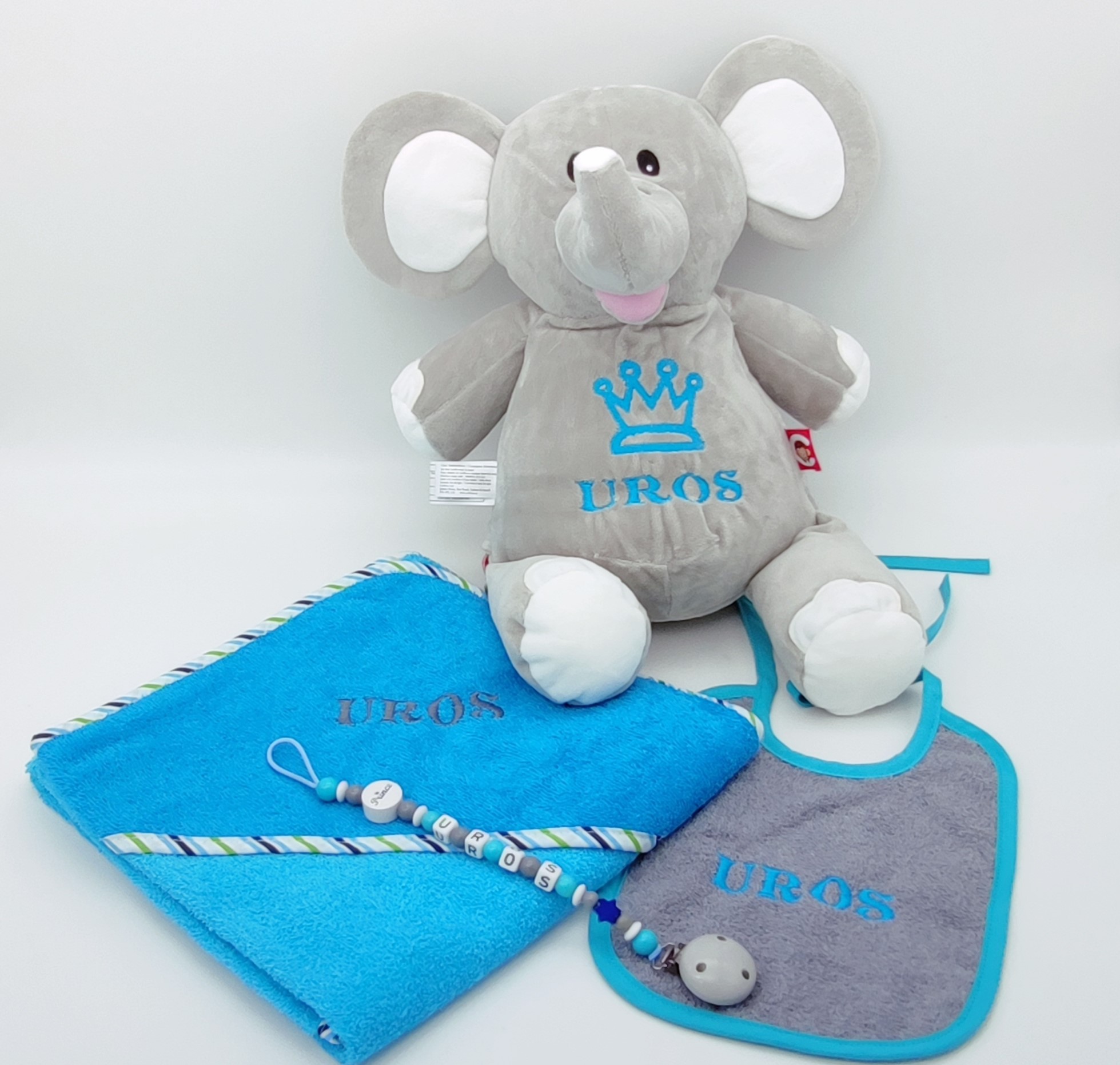 Geschenkset XXL aus Stofftier , Kaputzenbadetuch , Latz , Schnullerkette Geschenkset XXL aus Stofftier , Kaputzenbadetuch , Latz , Schnullerkette