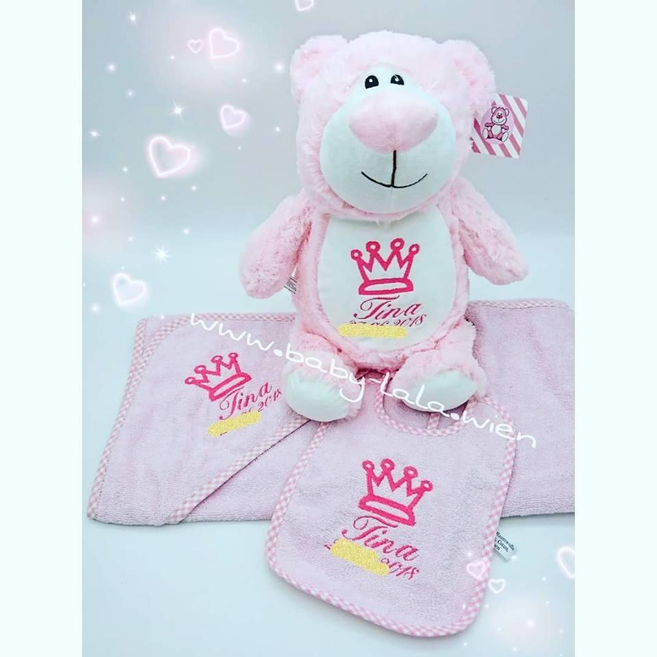 bar Geschenkset aus Stofftier, Kaputzenbadetuch, Latz mit personalisierter Bestickung Set
